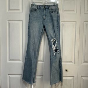 🤎 Dogma Blue Distressed Denim Flare Raw Hem Jeans - 9